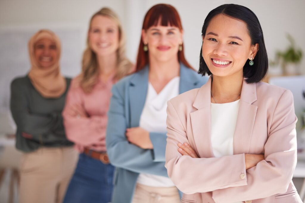 Success, leadership and group of business women standing in line for empowerment. Diversity, suppor